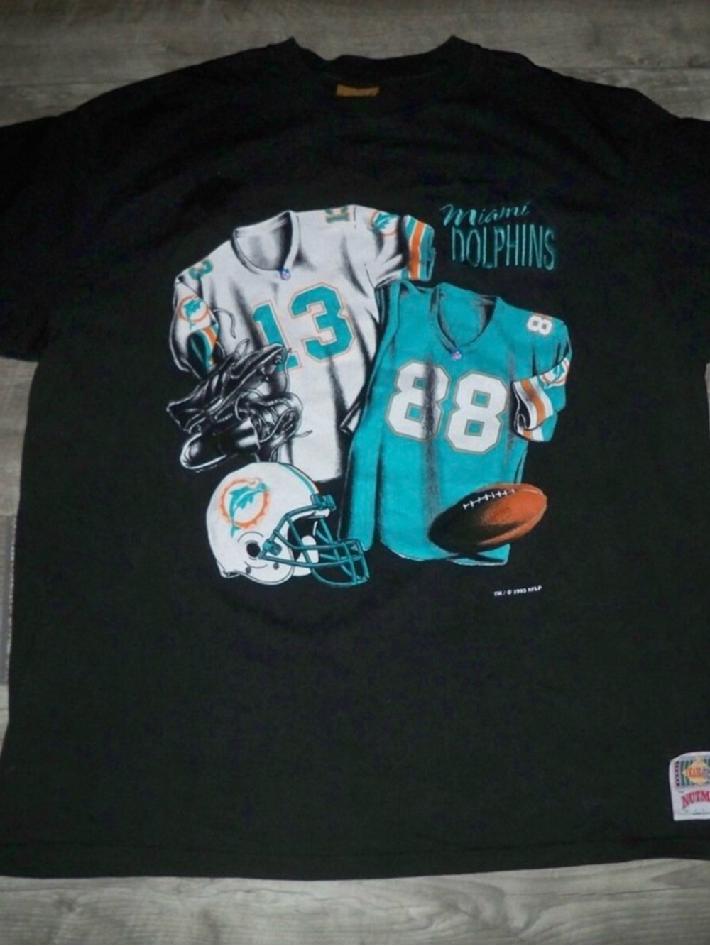 Vtg Nutmeg 90s Miami Dolphins Marino Football T-shirt Tee NFL Made in USA XL